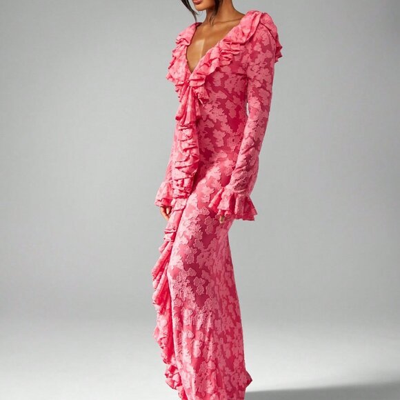 Pink Party Women's Long Sleeve Ruffle Floral Lace Maxi Dress with Empire Waist - Picture 3 of 5